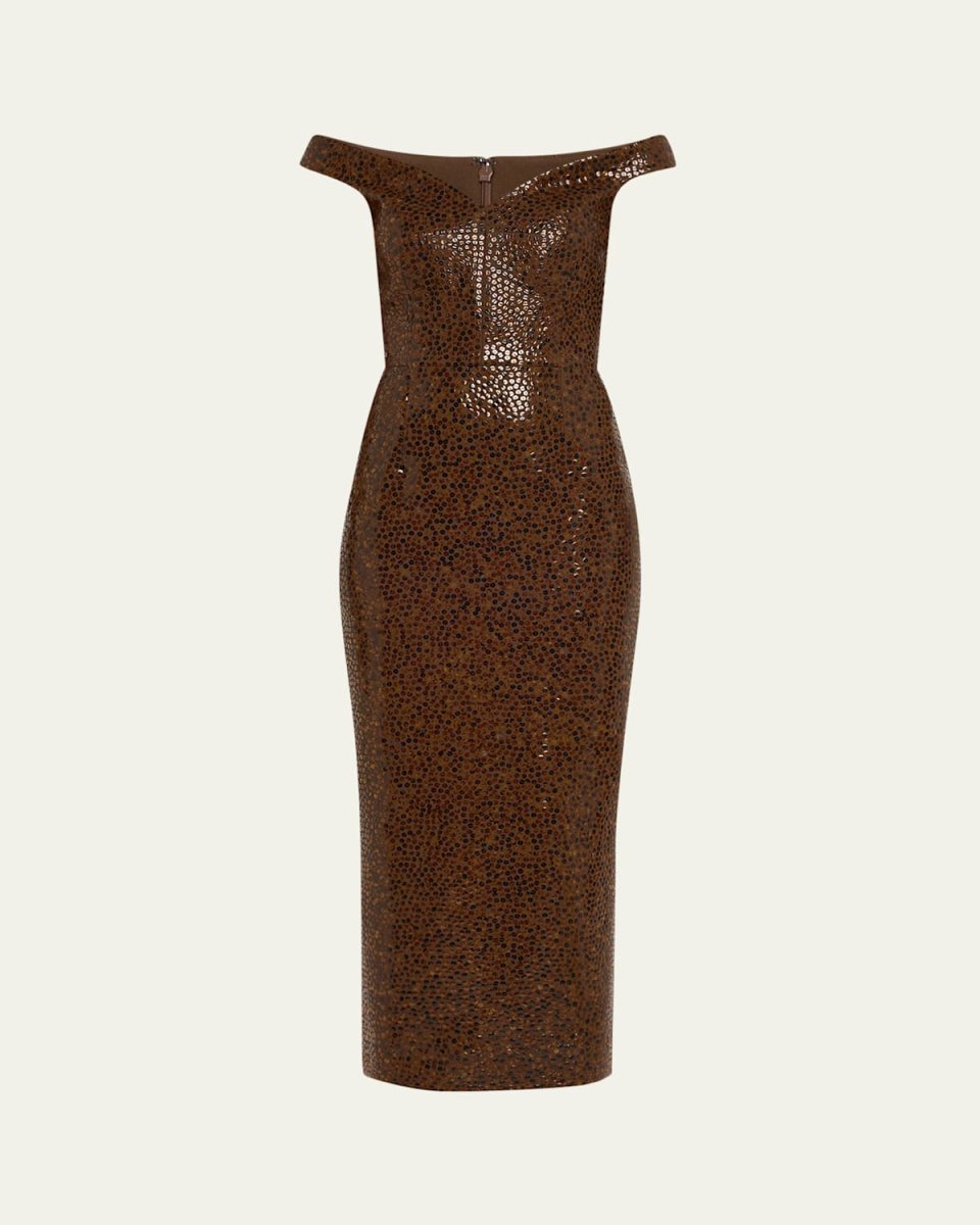 Hand Embellished Faux Tortoise Off-the-Shoulder Sheath Dress